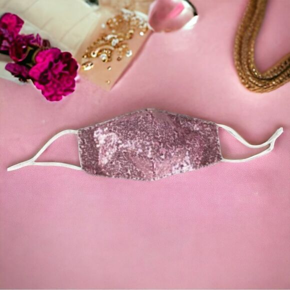 New Dressy Pink Sequin Gauze Face Mask With Filter Pocket - Picture 2 of 7